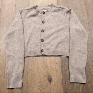 Cropped Crewneck Button-Front Cardigan in Light Taupe